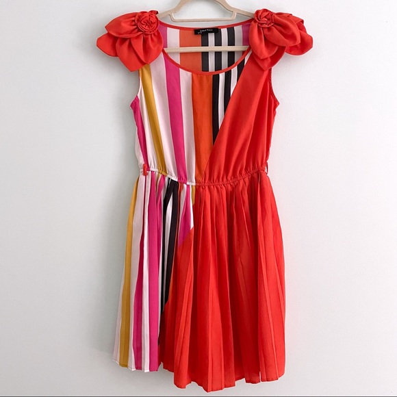 Sundress with Pleated Skirt and Shoulder Floral Details in Bright Orange Dress - Picture 1 of 8